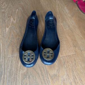 Tory Burch Women's Dark Blue Flats with Gold Logo